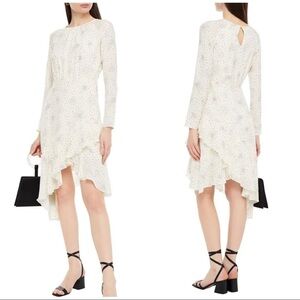 Maje 36 Sz 2 Ruffled Asymmetrical Hem Star Print Shift Shirt Dress Ecru Black